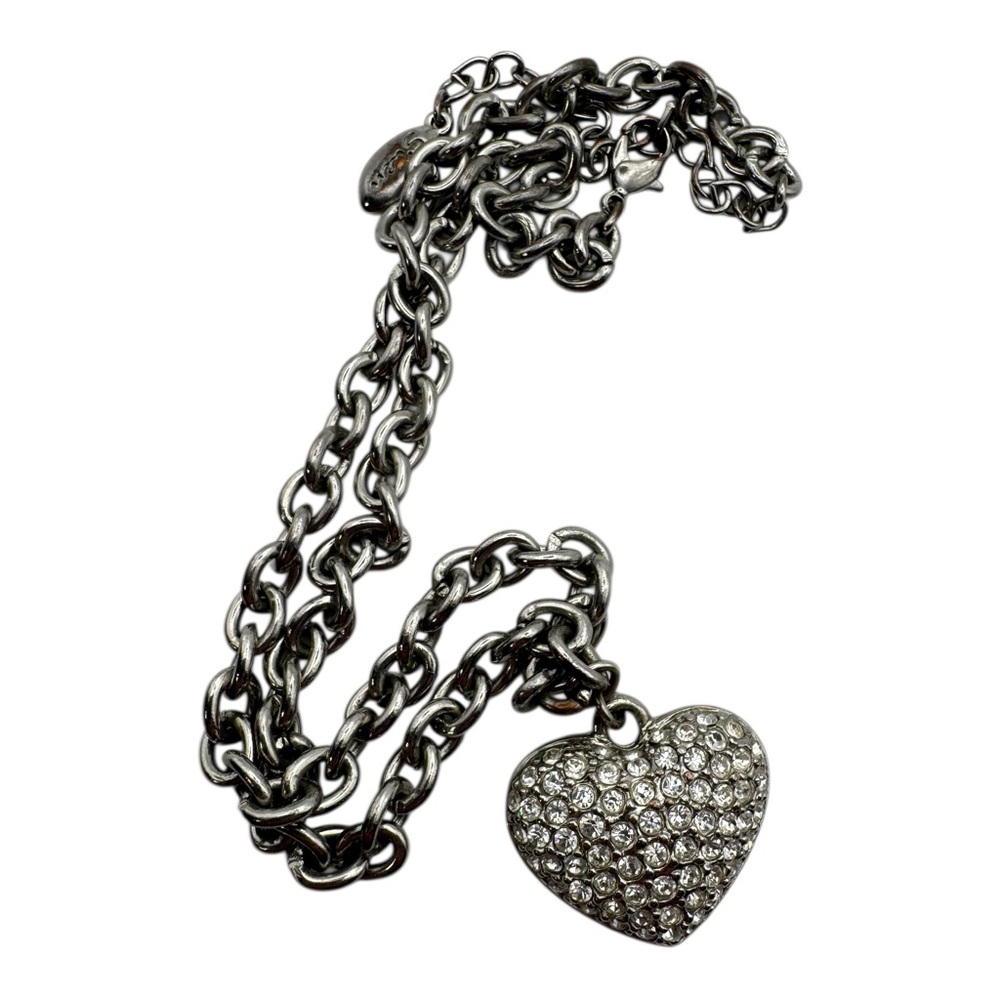 Guess Silver Tone Chunky Chain Necklace w/ Pave Rhinestone Heart Pendant